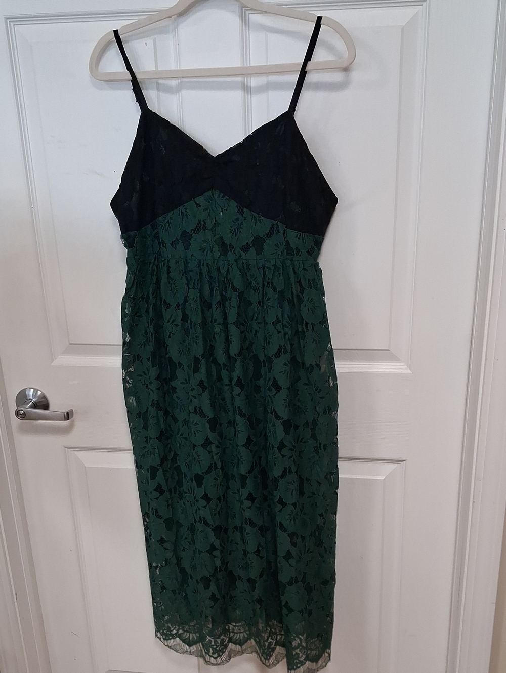 Black & Forest Green Lace Midi Dress with Spaghetti Straps
